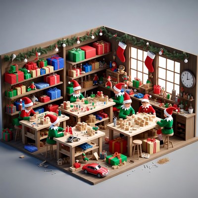 Elves Working in Santa Workshop