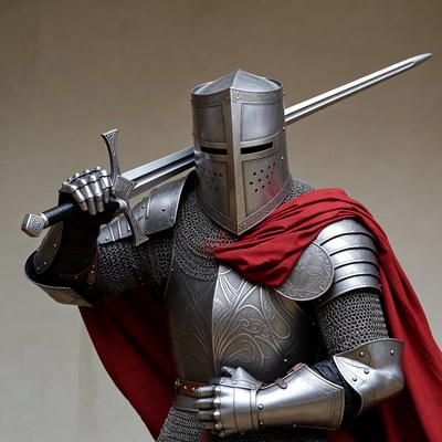 Knight Holding Sword with Red Cape