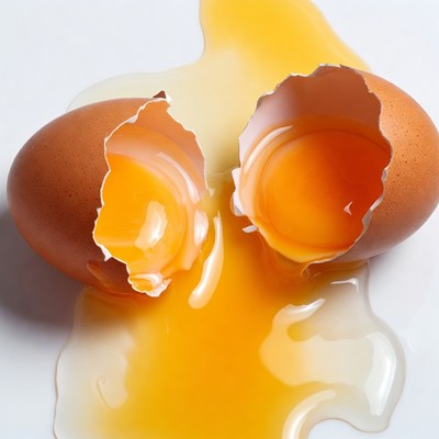 Broken egg with yolk spilling