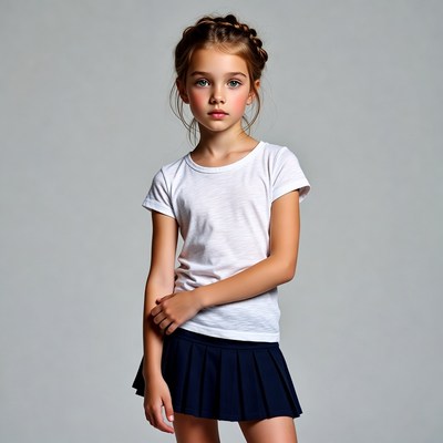 Girl in white shirt navy pleated skirt