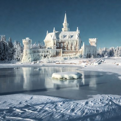 Ice-Covered Castle in Snowy Landscape
