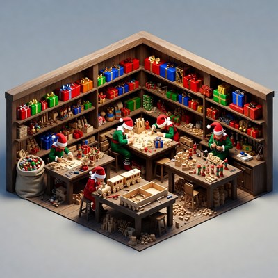 Elves crafting toys in workshop