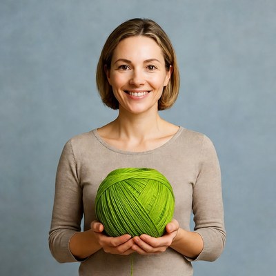 Woman holding green yarn ball