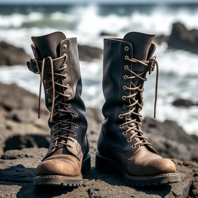 Brown leather combat boots on rocks