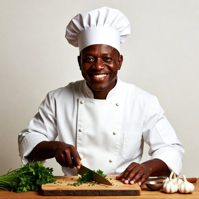 African-American chef chopping garlic