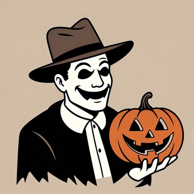 Man in fedora holding jack-o-lantern
