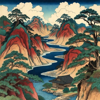 Japanese Woodblock Landscape with River and House