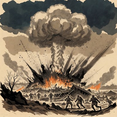 Soldiers fleeing wartime explosion illustration