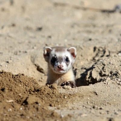 Ferret peeking from sand hole