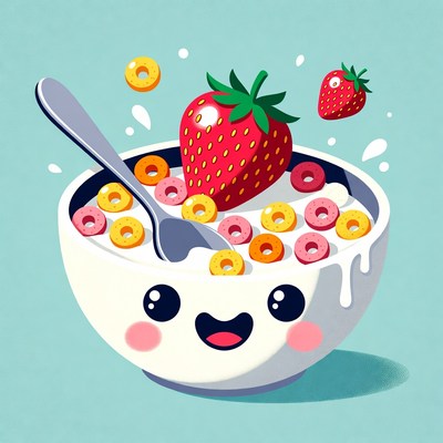 Kawaii Strawberry Cereal Bowl Illustration