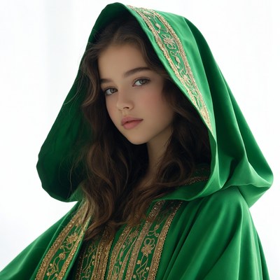 Girl in green embroidered hooded robe