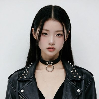 Asian woman in spiked choker and leather jacket