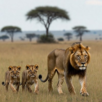 Lion with two cubs walking savanna