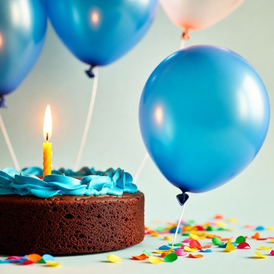 Blue birthday cake with balloons