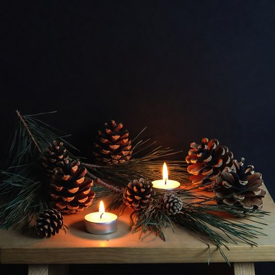 Pine Cones and Candles on Wooden Table