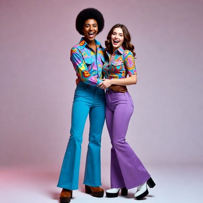 Two women in 70s disco outfits