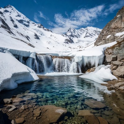 Icy Waterfall in Snowy Mountains