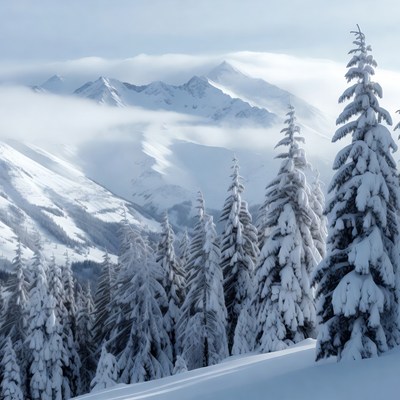 Snowy Mountains with Pine Trees