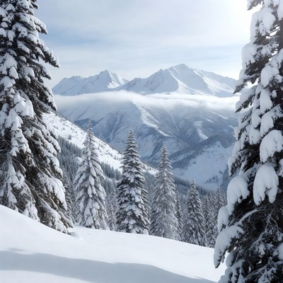 Snowy Pine Trees and Mountains
