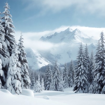 Snowy Pine Trees and Mountains