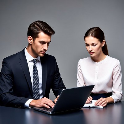 Businessman and woman working on laptop