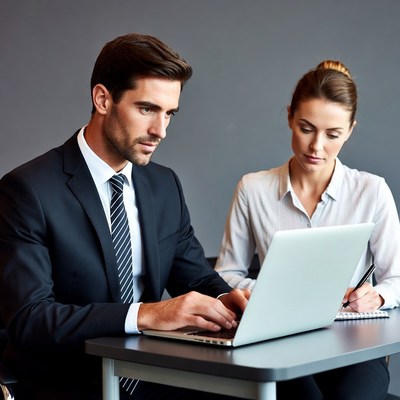 Man and woman working on laptop