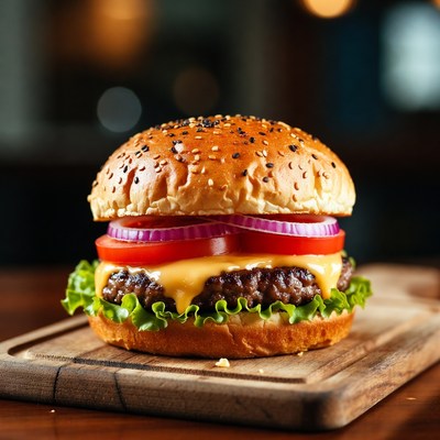 Juicy Cheeseburger on Wooden Board