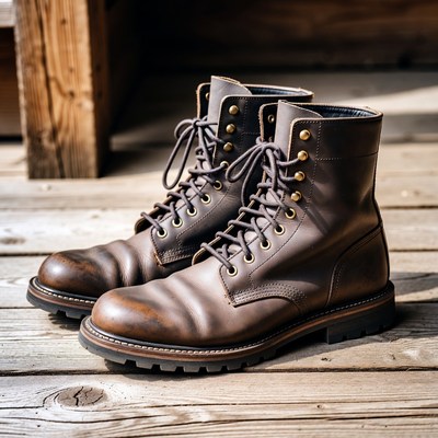 Brown Leather Work Boots on Wooden Deck