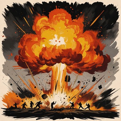 Massive Explosion with Silhouetted People