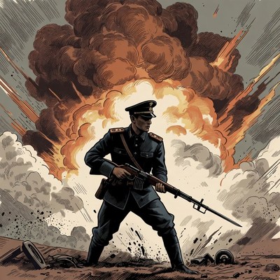 Soviet Soldier Amid Explosion