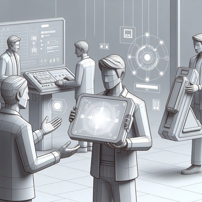 Men Collaborating with Holographic Tech