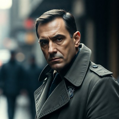 Man in trench coat on city street