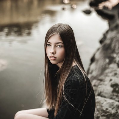 Teen girl sitting by lake rocks