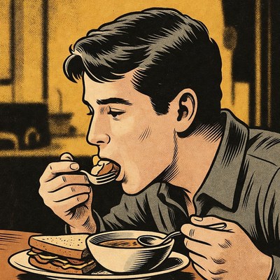 Man eating sandwich and soup