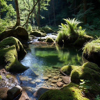 Forest Stream with Mossy Rocks