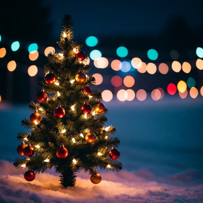Small Christmas tree in snowy night
