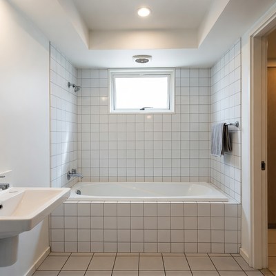 White Tiled Bathroom with Bathtub