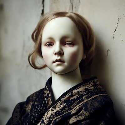 Porcelain Doll Girl in Kimono Against Wall