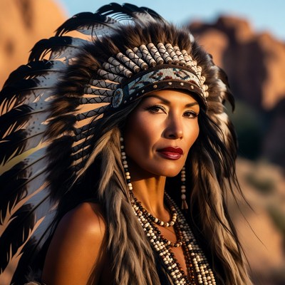 Native American woman in war bonnet