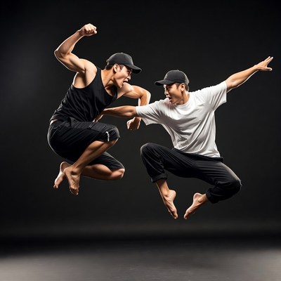 Two Asian men jumping dynamically