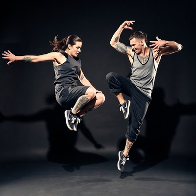 Man and woman jumping in dance