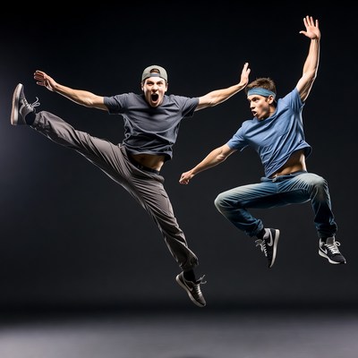 Two men jumping dynamically