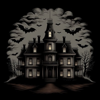 Haunted Mansion with Bats Illustration