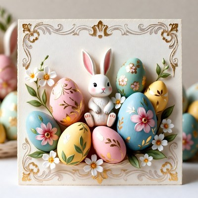 White bunny surrounded by painted Easter eggs
