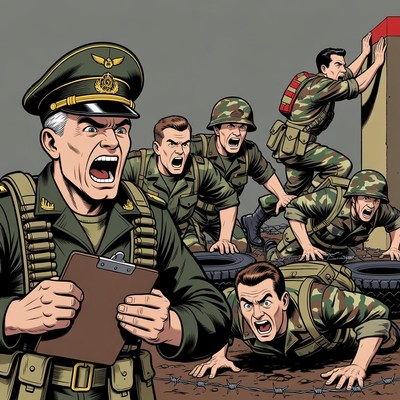 Angry general shouting at soldiers obstacle course