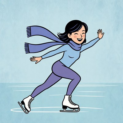 Asian woman ice skating with scarf