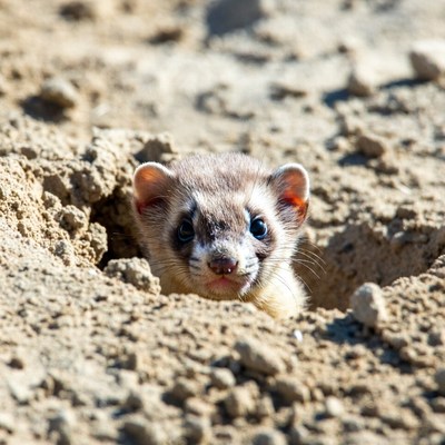 Ferret peeking from sand burrow