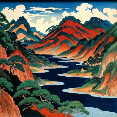 Japanese Mountains River Landscape