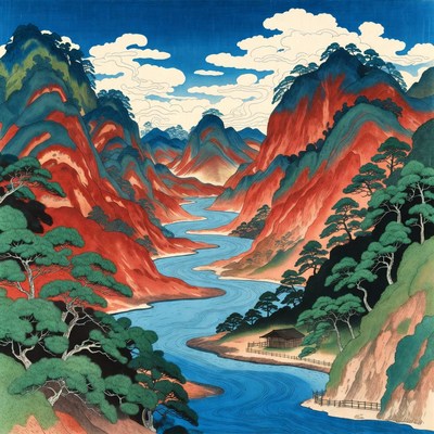 Japanese Illustration of Mountain River Valley