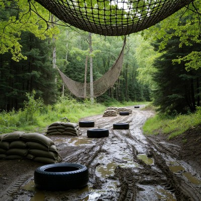 Cargo Net Over Muddy Tire Obstacle Course